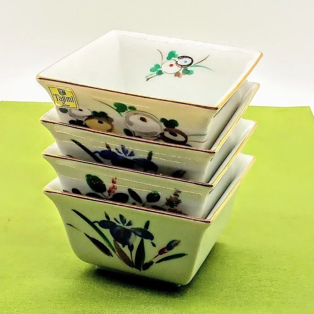 Tajimi Japan Gold Rim Square Porcelain Bowls NWT